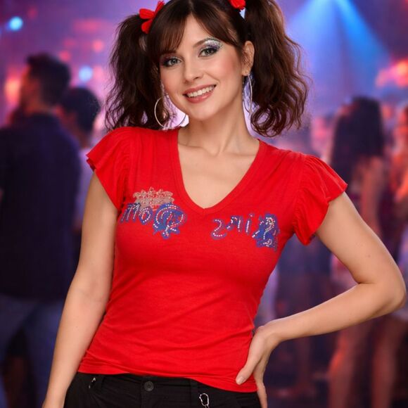 San Joy Tops - San Joy Red Rhinestone Crown Baby Tee S V Neck Ruffle Sleeve Y2K McBling Graphic